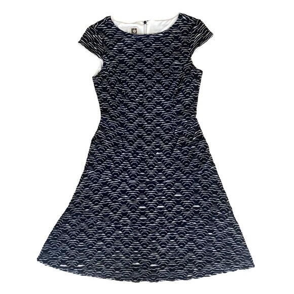 Anne Klein Womens Knit Dress Zigzag Wave Pattern Cap Sleeves A-Line Navy Blue - Picture 10 of 14